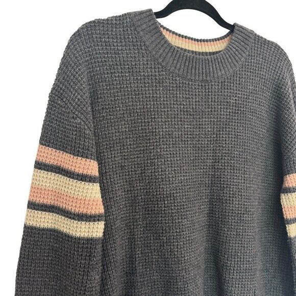 Faherty MEDIUM Wool Blend Gray Knit Sweater Crewneck Striped Pink Sleeve Comfy - Picture 2 of 7